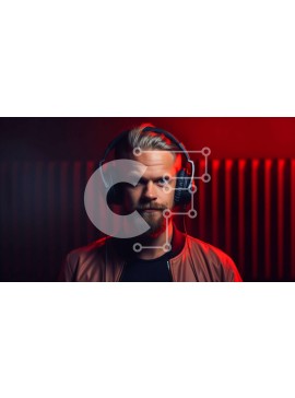 Intra Συλλεκτικό Ξύλινο Παζλ Plywood  4mm - Πορτρέτο ενός γενειοφόρου άνδρα με ακουστικά μπροστά από το κόκκινο φόντο Σε Ξύλινο Κουτί - Διαστάσεις Puzzle: 10x10 cm – 25 κομμάτια