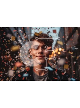 Intra Συλλεκτικό Ξύλινο Παζλ Plywood  4mm - Σοβαρός νεαρός άνδρας που στέκεται στη μέση ενός πολυσύχναστου δρόμου που περιβάλλεται από κομφετί Σε Ξύλινο Κουτί - Διαστάσεις Puzzle: 10x10 cm – 25 κομμάτια