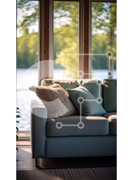 Intra Συλλεκτικό Ξύλινο Παζλ Plywood  4mm - Κομψό σαλόνι με μπλε καναπέ και εκπληκτική θέα στη λίμνη Σε Ξύλινο Κουτί - Διαστάσεις Puzzle: 10x10 cm – 25 κομμάτια