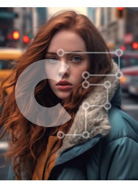 Intra Συλλεκτικό Ξύλινο Παζλ Plywood  4mm - Σοβαρή νεαρή γυναίκα με κόκκινα μαλλιά που φορά μπλε σακάκι στην οδό της πόλης Σε Ξύλινο Κουτί - Διαστάσεις Puzzle: 10x10 cm – 25 κομμάτια