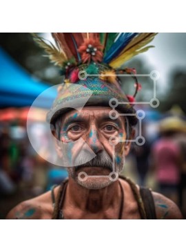 Intra Συλλεκτικό Ξύλινο Παζλ Plywood  4mm - Πορτρέτο ενός ηλικιωμένου με πολύχρωμη μπογιά προσώπου και φτερωτό κόμμωμα Σε Ξύλινο Κουτί - Διαστάσεις Puzzle: 10x10 cm – 25 κομμάτια