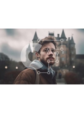 Intra Συλλεκτικό Ξύλινο Παζλ Plywood  4mm - Άνδρας με καφέ σακάκι στέκεται μπροστά από ένα σκοτεινό κάστρο με ψηλούς πύργους Σε Ξύλινο Κουτί - Διαστάσεις Puzzle: 10x10 cm – 25 κομμάτια