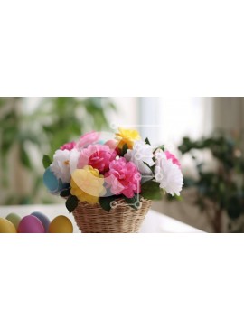 Intra Συλλεκτικό Ξύλινο Παζλ Plywood  4mm - Πολύχρωμα Πασχαλινά λουλούδια και αυγά στο ψάθινο καλάθι Σε Ξύλινο Κουτί - Διαστάσεις Puzzle: 10x10 cm – 25 κομμάτια