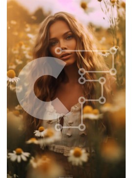 Intra Συλλεκτικό Ξύλινο Παζλ Plywood  4mm - Ξανθιά γυναίκα με λευκό τοπ και τζιν σορτς που στέκεται σε ένα χωράφι με μαργαρίτες στο ηλιοβασίλεμα Σε Ξύλινο Κουτί - Διαστάσεις Puzzle: 10x10 cm – 25 κομμάτια