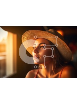 Intra Συλλεκτικό Ξύλινο Παζλ Plywood  4mm - Όμορφη θέα στο ηλιοβασίλεμα έξω από ένα παράθυρο με μια γυναίκα με ψάθινο καπέλο Σε Ξύλινο Κουτί - Διαστάσεις Puzzle: 10x10 cm – 25 κομμάτια