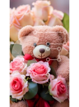 Σετ των 2 Intra Συλλεκτικό Ξύλινο Παζλ Plywood  4mm - Αρκουδάκι με ροζ τριαντάφυλλα και κόκκινη κορδέλα Σε Ξύλινο Κουτί - Διαστάσεις: 10x10 cm – 25 κομμάτια