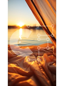 Intra Συλλεκτικό Ξύλινο Παζλ Plywood  4mm - Σκηνή με πορτοκαλί μουσαμά δίπλα στο νερό στο ηλιοβασίλεμα Σε Ξύλινο Κουτί - Διαστάσεις Puzzle: 10x10 cm – 25 κομμάτια