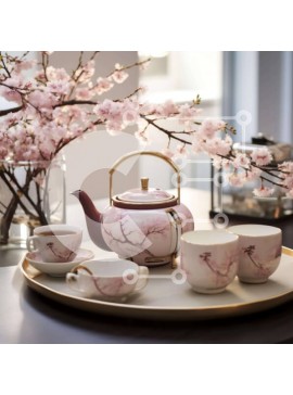 Σετ των 2 Intra Συλλεκτικό Ξύλινο Παζλ Plywood  4mm - Σετ τσαγιού με ροζ άνθη Σε Ξύλινο Κουτί - Διαστάσεις: 10x10 cm – 25 κομμάτια