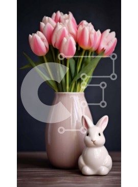 Intra Συλλεκτικό Ξύλινο Παζλ Plywood  4mm - Πασχαλινό λαγουδάκι και τουλίπες σε ροζ βάζο Σε Ξύλινο Κουτί - Διαστάσεις Puzzle: 10x10 cm – 25 κομμάτια