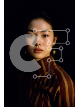 Intra Συλλεκτικό Ξύλινο Παζλ Plywood  4mm - Σοβαρή νεαρή Ασιάτισσα με ριγέ πουκάμισο και σκουλαρίκια κρίκου Σε Ξύλινο Κουτί - Διαστάσεις Puzzle: 10x10 cm – 25 κομμάτια