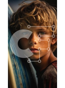 Intra Συλλεκτικό Ξύλινο Παζλ Plywood  4mm - Σοβαρό νεαρό αγόρι που ποζάρει μπροστά από μια μπλε σανίδα του σερφ Σε Ξύλινο Κουτί - Διαστάσεις Puzzle: 10x10 cm – 25 κομμάτια