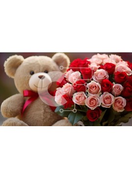 Intra Συλλεκτικό Ξύλινο Παζλ Plywood  4mm - Teddy Bear and Roses - Σκηνή αγάπης και στοργής Σε Ξύλινο Κουτί - Διαστάσεις Puzzle: 10x10 cm – 25 κομμάτια