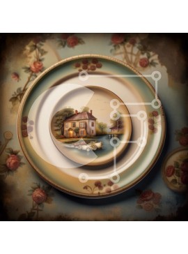Intra Συλλεκτικό Ξύλινο Παζλ Plywood  4mm - Vintage πιάτο με ζωγραφική του Cottage από το River and Roses Σε Ξύλινο Κουτί - Διαστάσεις Puzzle: 10x10 cm – 25 κομμάτια
