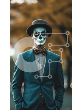 Intra Συλλεκτικό Ξύλινο Παζλ Plywood  4mm - Άνδρας με μπλε κοστούμι και λευκή μάσκα κρανίου που κρατά το καπέλο στην City Street Σε Ξύλινο Κουτί - Διαστάσεις Puzzle: 10x10 cm – 25 κομμάτια