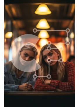 Intra Συλλεκτικό Ξύλινο Παζλ Plywood  4mm - Νεαρές γυναίκες που ελέγχουν τηλέφωνα σε εστιατόριο με αμυδρό φωτισμό Σε Ξύλινο Κουτί - Διαστάσεις Puzzle: 10x10 cm – 25 κομμάτια