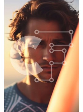 Intra Συλλεκτικό Ξύλινο Παζλ Plywood  4mm - Εκπληκτική εικόνα ενός άνδρα με μακριά σπαστά μαλλιά και σανίδα του σερφ κατά τη διάρκεια του ηλιοβασιλέματος Σε Ξύλινο Κουτί - Διαστάσεις Puzzle: 10x10 cm – 25 κομμάτια