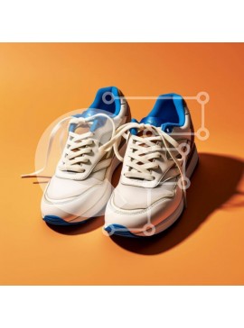 Σετ των 2 Intra Συλλεκτικό Ξύλινο Παζλ Plywood  4mm - Κομψά λευκά και μπλε αθλητικά παπούτσια με κορδόνια σε έντονο πορτοκαλί φόντο Σε Ξύλινο Κουτί - Διαστάσεις: 10x10 cm – 25 κομμάτια