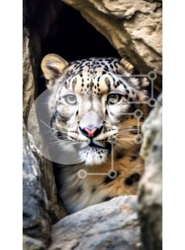 Σετ των 2 Intra Συλλεκτικό Ξύλινο Παζλ Plywood  4mm - Εκπληκτική εικόνα μιας λεοπάρδαλης του χιονιού που κρυφοκοιτάζει πίσω από έναν βράχο Σε Ξύλινο Κουτί - Διαστάσεις: 10x10 cm – 25 κομμάτια