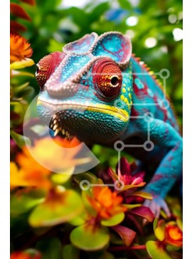 Σετ των 2 Intra Συλλεκτικό Ξύλινο Παζλ Plywood  4mm - Ζωντανή εικόνα ενός χαμαιλέοντα σε ένα φύλλο με πολύχρωμα λουλούδια στο φόντο Σε Ξύλινο Κουτί - Διαστάσεις: 10x10 cm – 25 κομμάτια