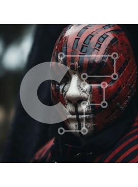 Intra Συλλεκτικό Ξύλινο Παζλ Plywood  4mm - Άτομο που φοράει κόκκινη και μαύρη μάσκα με άσπρες ρίγες Σε Ξύλινο Κουτί - Διαστάσεις Puzzle: 10x10 cm – 25 κομμάτια