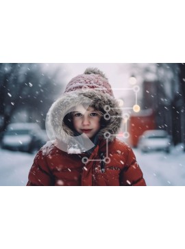 Intra Συλλεκτικό Ξύλινο Παζλ Plywood  4mm - Το σοβαρό νεαρό αγόρι με κόκκινο σακάκι στέκεται στη Snowy Street Σε Ξύλινο Κουτί - Διαστάσεις Puzzle: 10x10 cm – 25 κομμάτια