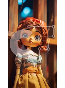 Intra Συλλεκτικό Ξύλινο Παζλ Plywood  4mm - Κοκκινομάλλα κούκλα σε κίτρινο και λευκό ριγέ φόρεμα με καστανά μάτια και κόκκινο φιόγκο Σε Ξύλινο Κουτί - Διαστάσεις Puzzle: 10x10 cm – 25 κομμάτια