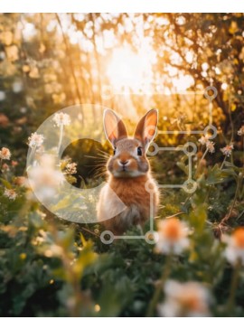 Σετ των 2 Intra Συλλεκτικό Ξύλινο Παζλ Plywood  4mm - Ειρηνική εικόνα ενός κουνελιού που κάθεται σε ένα χωράφι με αγριολούλουδα στο ηλιοβασίλεμα Σε Ξύλινο Κουτί - Διαστάσεις: 10x10 cm – 25 κομμάτια