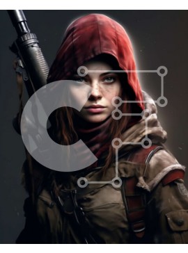 Intra Συλλεκτικό Ξύλινο Παζλ Plywood  4mm - Γυναίκα που κρατά ένα τουφέκι με κόκκινο κουκούλα Σε Ξύλινο Κουτί - Διαστάσεις Puzzle: 10x10 cm – 25 κομμάτια