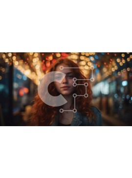 Intra Συλλεκτικό Ξύλινο Παζλ Plywood  4mm - Σοβαρή νεαρή γυναίκα με τζιν μπουφάν που στέκεται στα πολύχρωμα νυχτερινά φώτα Σε Ξύλινο Κουτί - Διαστάσεις Puzzle: 10x10 cm – 25 κομμάτια