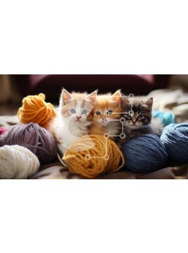 Intra Συλλεκτικό Ξύλινο Παζλ Plywood  4mm - Τρία γατάκια που παίζουν σε ένα κρεβάτι με πολύχρωμες μπάλες από νήματα Σε Ξύλινο Κουτί - Διαστάσεις: 10x10 cm – 25 κομμάτια