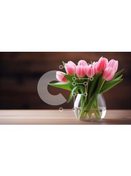 Intra Συλλεκτικό Ξύλινο Παζλ Plywood  4mm - Φρέσκες ροζ τουλίπες σε διαφανές γυάλινο βάζο σε ξύλινο τραπέζι Σε Ξύλινο Κουτί - Διαστάσεις: 10x10 cm – 25 κομμάτια