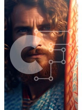 Intra Συλλεκτικό Ξύλινο Παζλ Plywood  4mm - Σοβαρός άνδρας με σγουρά μαλλιά και γένια που κουβαλά μια σανίδα του σερφ Σε Ξύλινο Κουτί - Διαστάσεις Puzzle: 10x10 cm – 25 κομμάτια