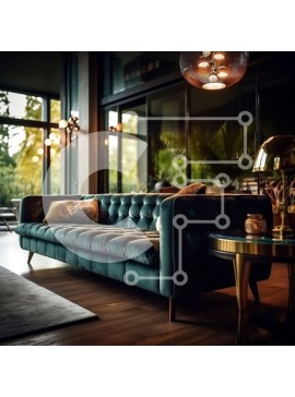 Intra Συλλεκτικό Ξύλινο Παζλ Plywood  4mm - Κομψό σαλόνι με μπλε βελούδινο καναπέ και θέα στην πόλη Σε Ξύλινο Κουτί - Διαστάσεις Puzzle: 10x10 cm – 25 κομμάτια