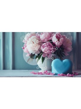 Σετ των 2 Intra Συλλεκτικό Ξύλινο Παζλ Plywood  4mm - Μπλε κέικ σε σχήμα καρδιάς με ροζ λουλούδια και παιώνιες Σε Ξύλινο Κουτί - Διαστάσεις: 10x10 cm – 25 κομμάτια