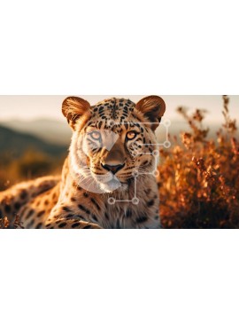 Intra Συλλεκτικό Ξύλινο Παζλ Plywood  4mm - Λεοπάρδαλη σε ένα χωράφι με ψηλό γρασίδι και βουνά Σε Ξύλινο Κουτί - Διαστάσεις: 10x10 cm – 25 κομμάτια