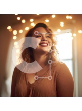 Intra Συλλεκτικό Ξύλινο Παζλ Plywood  4mm - Άνετη εικόνα μιας χαμογελαστής γυναίκας μπροστά από το παράθυρο με τα φώτα χορδών Σε Ξύλινο Κουτί - Διαστάσεις Puzzle: 10x10 cm – 25 κομμάτια