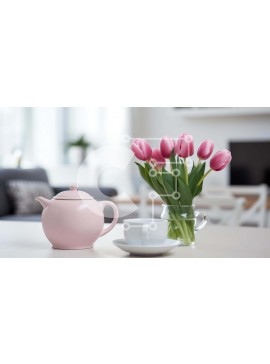 Intra Συλλεκτικό Ξύλινο Παζλ Plywood  4mm - Ροζ τσαγιέρα, φλιτζάνι καφέ και βάζο με ροζ τουλίπες σε εσωτερικό περιβάλλον Σε Ξύλινο Κουτί - Διαστάσεις Puzzle: 10x10 cm – 25 κομμάτια