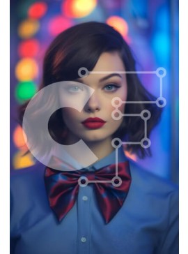 Intra Συλλεκτικό Ξύλινο Παζλ Plywood  4mm - Έντονα φωτισμένη γυναίκα με μπλε πουκάμισο και κόκκινο παπιγιόν μπροστά από πολύχρωμα φώτα φόντο Σε Ξύλινο Κουτί - Διαστάσεις Puzzle: 10x10 cm – 25 κομμάτια