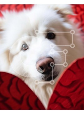 Σετ των 2 Intra Συλλεκτικό Ξύλινο Παζλ Plywood  4mm - Λευκός σκύλος που κρυφοκοιτάζει από τρύπα σε σχήμα καρδιάς σε κόκκινο ύφασμα Σε Ξύλινο Κουτί - Διαστάσεις: 10x10 cm – 25 κομμάτια