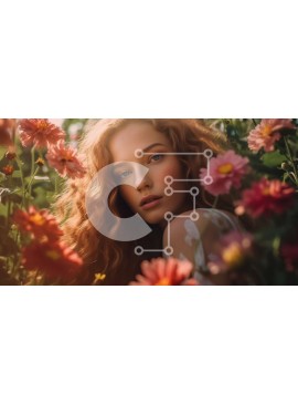 Intra Συλλεκτικό Ξύλινο Παζλ Plywood  4mm - Γαλήνια εικόνα μιας γυναίκας με μακριά κόκκινα μαλλιά και πράσινα μάτια σε ένα χωράφι με πολύχρωμα λουλούδια Σε Ξύλινο Κουτί - Διαστάσεις Puzzle: 10x10 cm – 25 κομμάτια