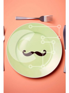 Σετ των 2 Intra Συλλεκτικό Ξύλινο Παζλ Plywood  4mm - Πράσινο πιάτο, πιρούνι, μαχαίρι και μαχαιροπίρουνα σε σχήμα μουστάκι σε πορτοκαλί φόντο Σε Ξύλινο Κουτί - Διαστάσεις: 10x10 cm – 25 κομμάτια