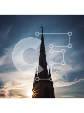 Intra Συλλεκτικό Ξύλινο Παζλ Plywood  4mm - Θρησκευτικό κτίριο στο ηλιοβασίλεμα με σταυρό και σύννεφα Σε Ξύλινο Κουτί - Διαστάσεις Puzzle: 10x10 cm – 25 κομμάτια