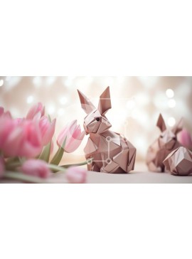 Intra Συλλεκτικό Ξύλινο Παζλ Plywood  4mm - Κουνέλια Origami και Ροζ Τουλίπες Σε Ξύλινο Κουτί - Διαστάσεις Puzzle: 10x10 cm – 25 κομμάτια