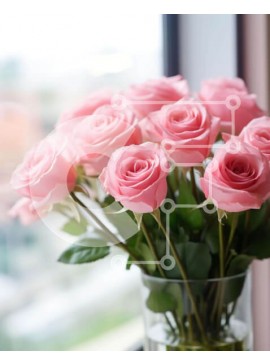 Intra Συλλεκτικό Ξύλινο Παζλ Plywood  4mm - Γυάλινο βάζο με ροζ τριαντάφυλλα μπροστά από το ανοιχτό παράθυρο Σε Ξύλινο Κουτί - Διαστάσεις: 10x10 cm – 25 κομμάτια