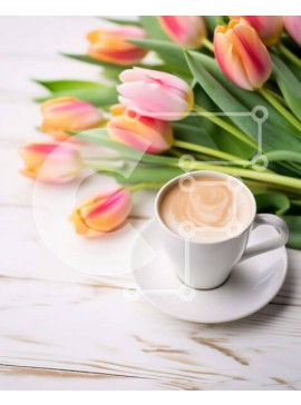 Σετ των 2 Intra Συλλεκτικό Ξύλινο Παζλ Plywood  4mm - Φλιτζάνι καφέ και τουλίπες σε ξύλινο τραπέζι Σε Ξύλινο Κουτί - Διαστάσεις: 10x10 cm – 25 κομμάτια