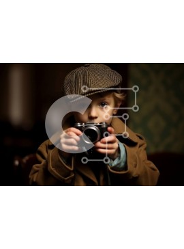 Intra Συλλεκτικό Ξύλινο Παζλ Plywood  4mm - Vintage κάμερα ντυμένο αγόρι με καμπαρντίνα και καπέλο Fedora Σε Ξύλινο Κουτί - Διαστάσεις Puzzle: 10x10 cm – 25 κομμάτια