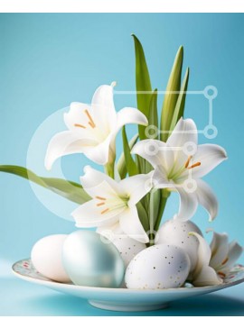 Intra Συλλεκτικό Ξύλινο Παζλ Plywood  4mm - Ανοιξιάτικο πιάτο με λευκούς κρίνους και πασχαλινά αυγά Σε Ξύλινο Κουτί - Διαστάσεις Puzzle: 10x10 cm – 25 κομμάτια