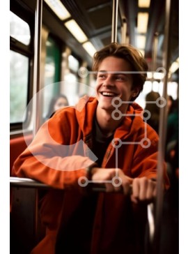 Intra Συλλεκτικό Ξύλινο Παζλ Plywood  4mm - Ευτυχισμένος άνδρας με πορτοκαλί μπουφάν στο τρένο του μετρό Σε Ξύλινο Κουτί - Διαστάσεις Puzzle: 10x10 cm – 25 κομμάτια