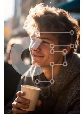 Intra Συλλεκτικό Ξύλινο Παζλ Plywood  4mm - Νεαρός άνδρας που απολαμβάνει τον καφέ του σε έναν πολυσύχναστο δρόμο της πόλης Σε Ξύλινο Κουτί - Διαστάσεις Puzzle: 10x10 cm – 25 κομμάτια