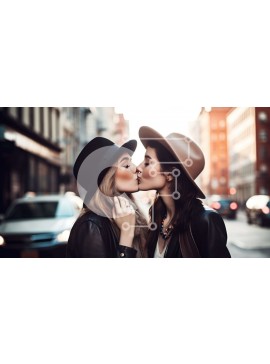 Intra Συλλεκτικό Ξύλινο Παζλ Plywood  4mm - Όμορφη εικόνα δύο γυναικών με καπέλα που φιλιούνται στην οδό της πόλης Σε Ξύλινο Κουτί - Διαστάσεις Puzzle: 10x10 cm – 25 κομμάτια